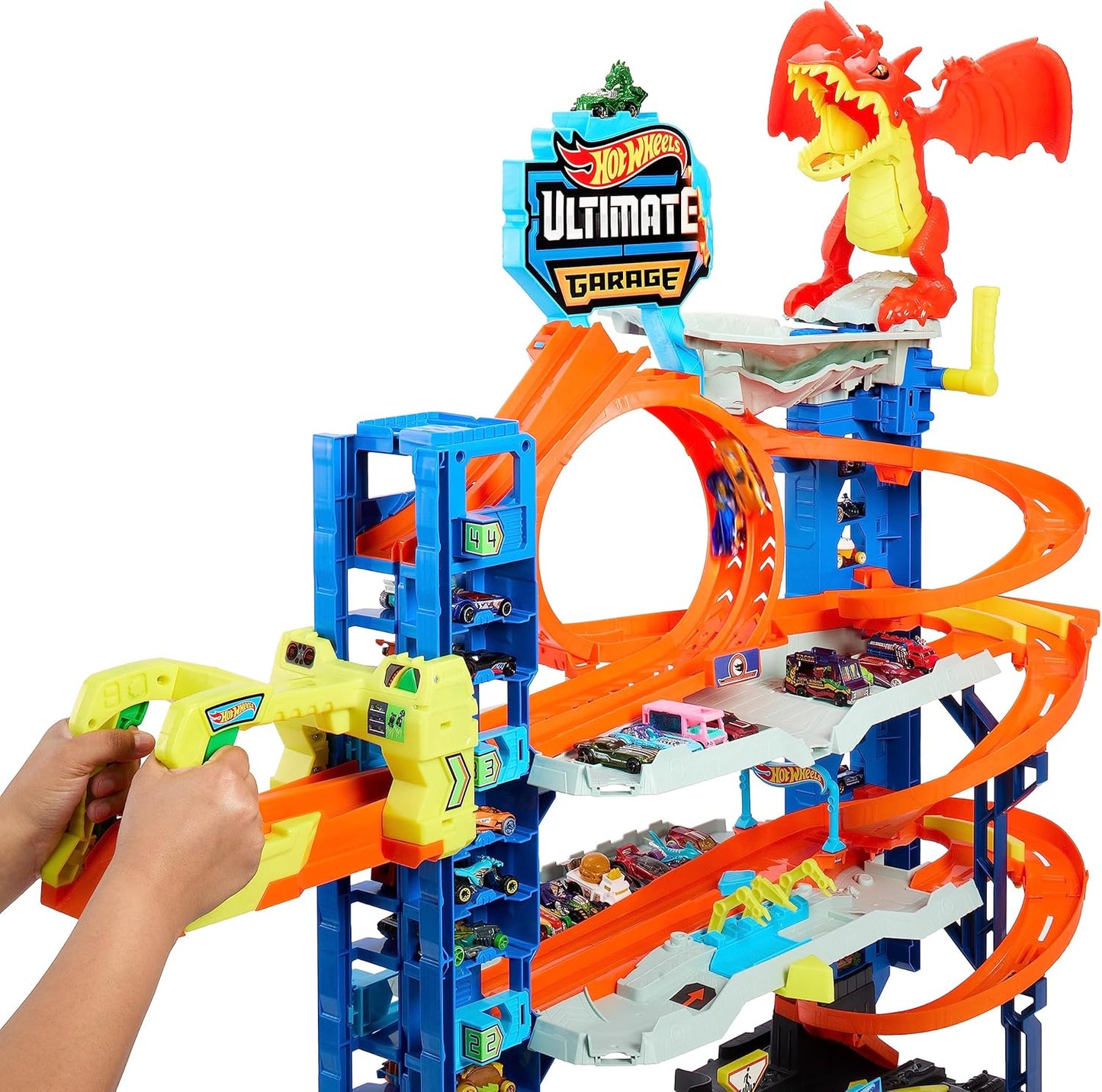 Hot Wheels City Ultimate Garage Track Set with 2 Die-Cast Toy Cars Car-Eating Dragon Stores 50 Vehicle