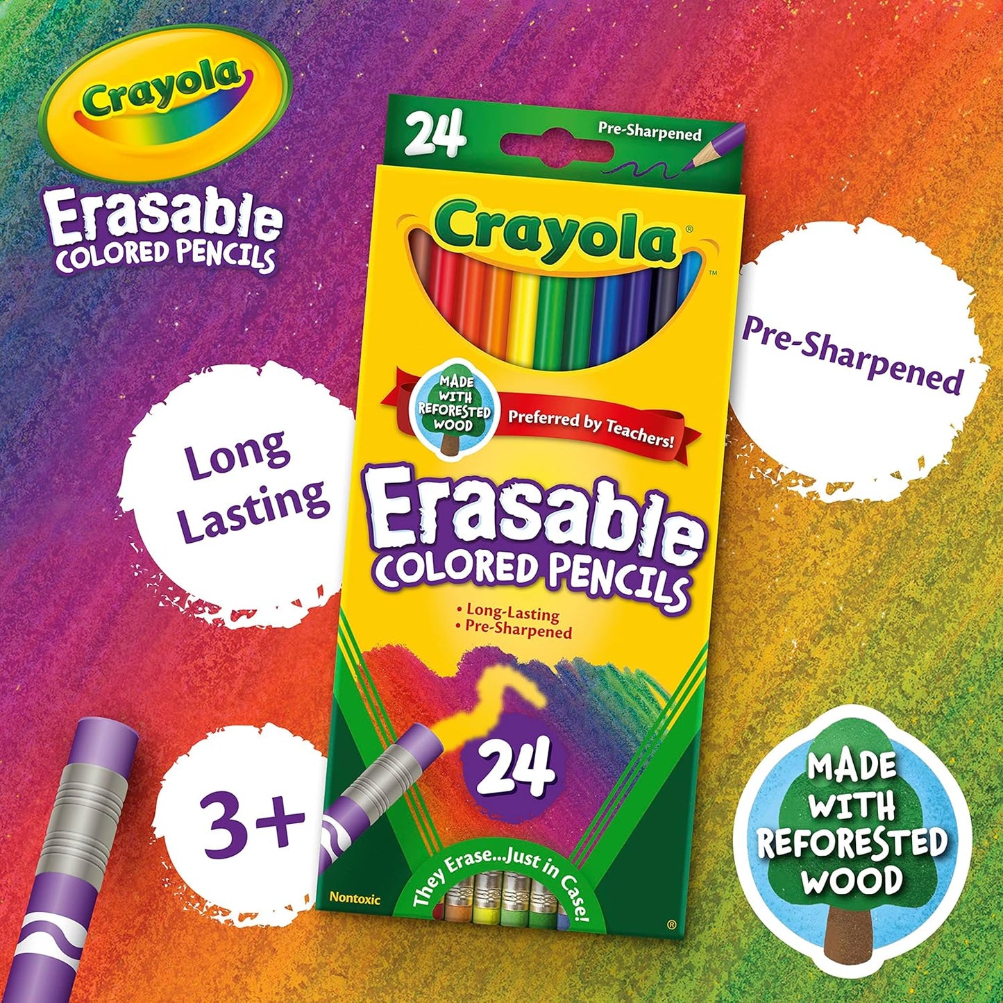Crayola Erasable Colored Pencils (24ct) A" Vibrant Colors Easy to Erase – 24