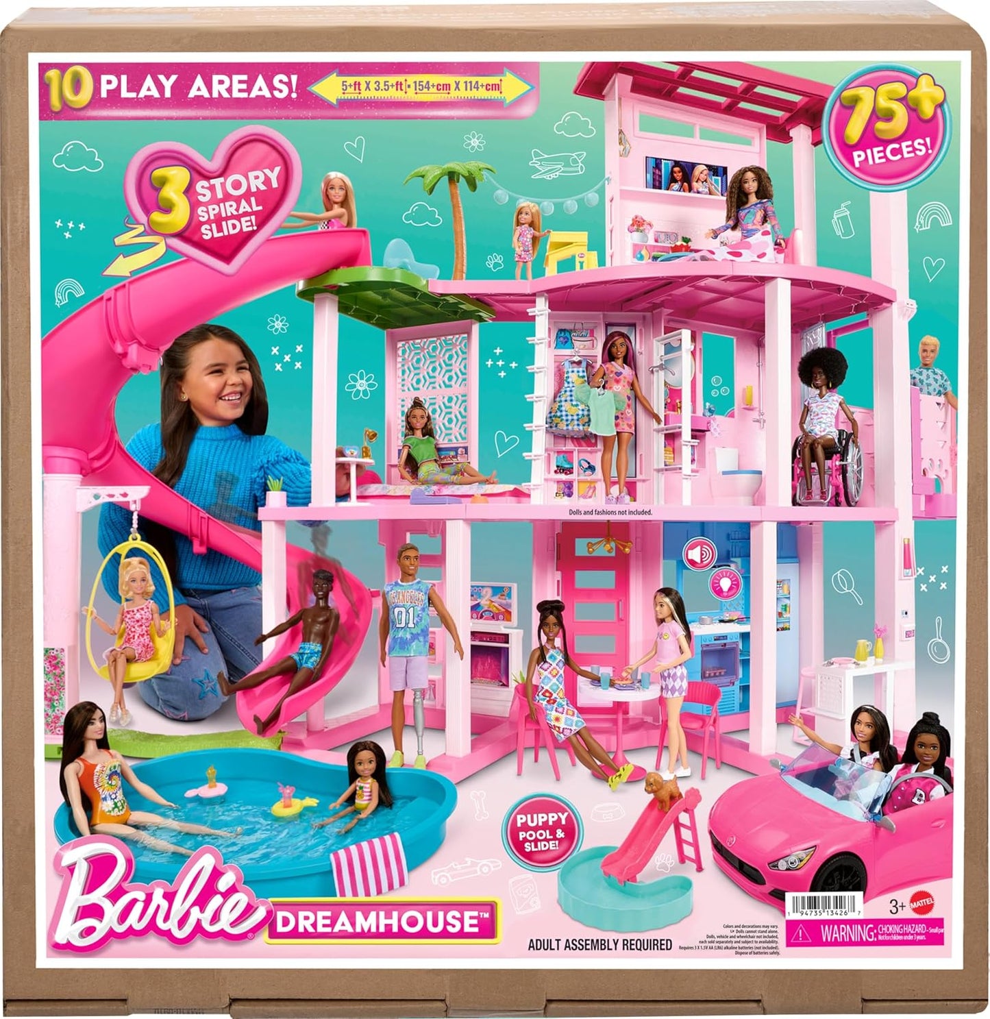Barbie DreamHouse Playset A" 75+ Pieces 3-Story Dollhouse with Pool Slide Pet Elevator & Puppy Play Areas – 75