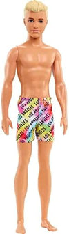 Barbie Ken Beach Doll with Blond Hair Dressed in Colorful Los Angeles-Print Swim Trunks