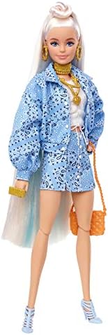 Barbie Extra Doll with Platinum Blonde Hair Blue Paisley-Print Jacket Pet Chihuahua