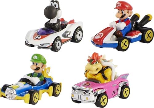Hot Wheels Mario Kart Set of 4 Die-Cast Toy Cars with Attached Character Drivers Includes