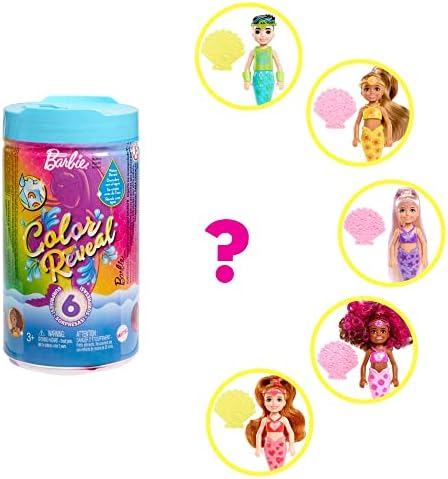 Barbie Color Reveal Rainbow Mermaid Series Chelsea Doll with 6 Surprises Color Change and