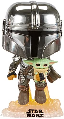 Funko Pop Star Wars Across The Galaxy - The Mandalorian Holding Grogu with Pin Chrome