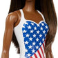 Barbie Doll with Beach Theme in American Flag Stars and Stripes Swimsuit Brunette