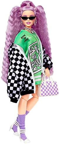 Barbie Extra Doll with Crimped Lavendar Hair Brown Eyes 15 Toy Pieces Include Pet Puppy