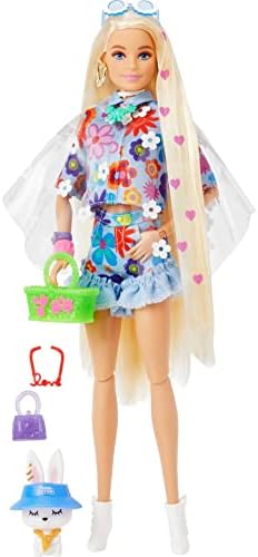 Barbie Extra Doll with Platinum Blonde Hair Blue Paisley-Print Jacket Pet Chihuahua