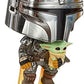 Funko Pop Star Wars Across The Galaxy - The Mandalorian Holding Grogu with Pin Chrome