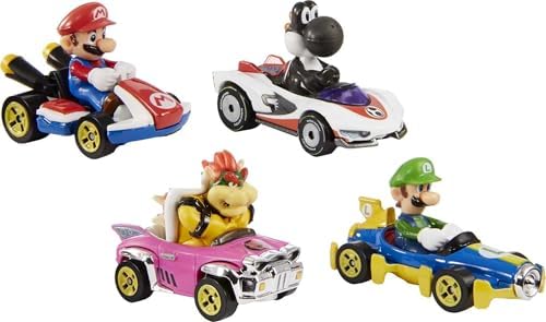 Hot Wheels Mario Kart Set of 4 Die-Cast Toy Cars with Attached Character Drivers Includes