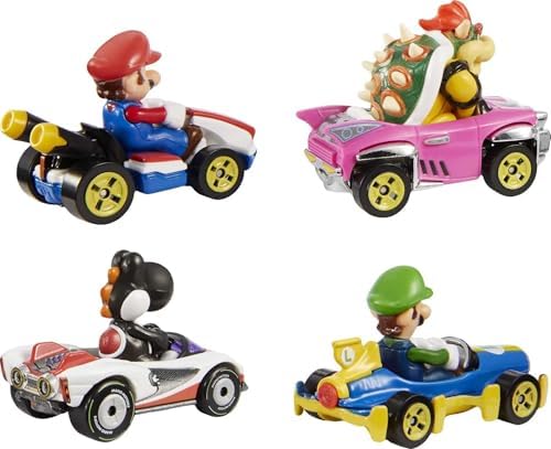 Hot Wheels Mario Kart Set of 4 Die-Cast Toy Cars with Attached Character Drivers Includes