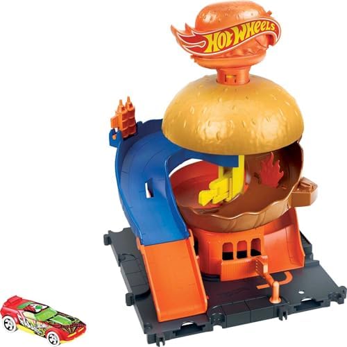 Hot Wheels Toy Car Track Set City Burger Drive-Thru Playset
