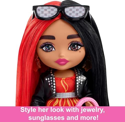 Barbie Extra Minis Doll with Red Black Hair Wearing Flame-Print Dress Moto Jacket 5.5-inch
