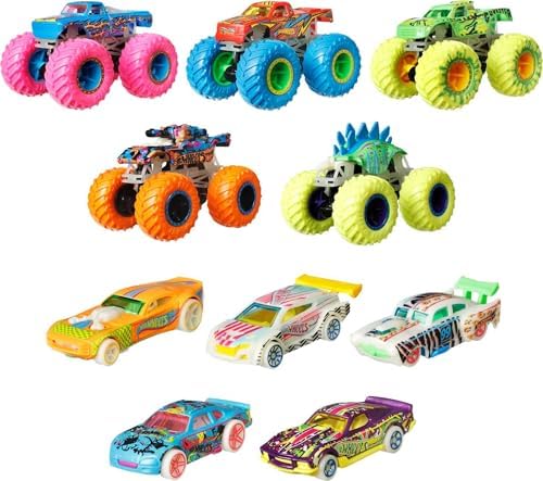Hot Wheels Toy Monster Trucks 10-Pack Set of 5 Glow in The Dark 164 Scale Trucks 5 GITD 164 Scale Cars Play Vehicle