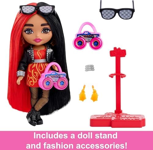 Barbie Extra Minis Doll with Red Black Hair Wearing Flame-Print Dress Moto Jacket 5.5-inch