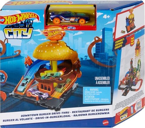 Hot Wheels Toy Car Track Set City Burger Drive-Thru Playset