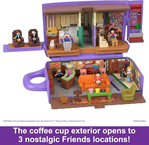Polly Pocket Friends Compact Playset with 6 Character Dolls 9 Coffee Cup Exterior Toy