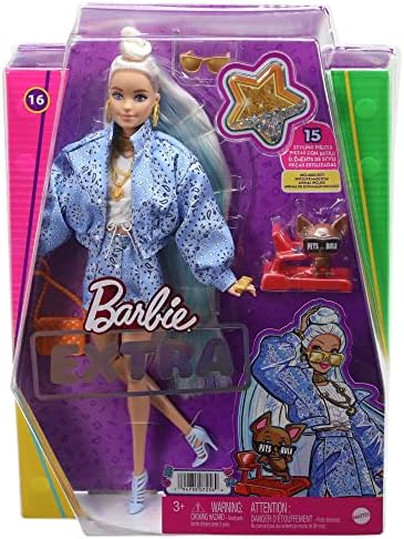 Barbie Extra Doll with Platinum Blonde Hair Blue Paisley-Print Jacket Pet Chihuahua