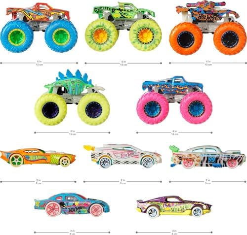 Hot Wheels Toy Monster Trucks 10-Pack Set of 5 Glow in The Dark 164 Scale Trucks 5 GITD 164 Scale Cars Play Vehicle