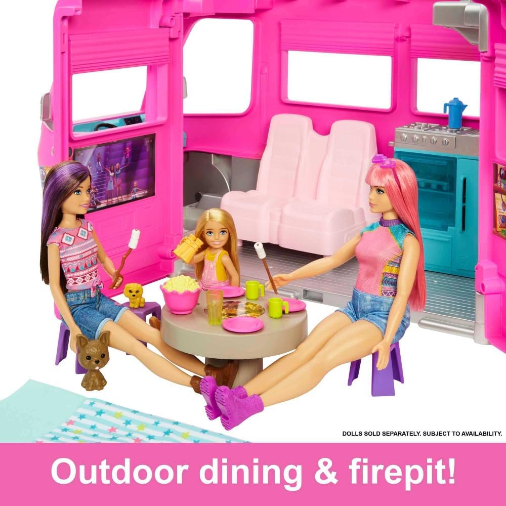 Barbie Camper Playset DreamCamper Toy Vehicle with 60 Doll-Sized Accessories Including Furniture Pool & 30-inch Slide – 60