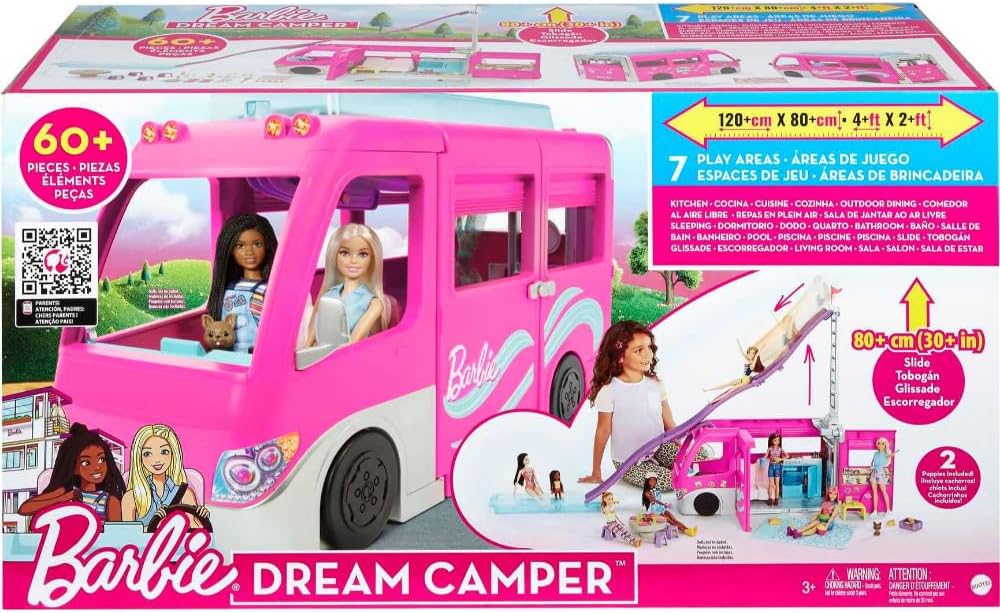 Barbie Camper Playset DreamCamper Toy Vehicle with 60 Doll-Sized Accessories Including Furniture Pool & 30-inch Slide – 60