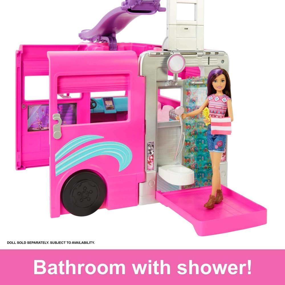 Barbie Camper Playset DreamCamper Toy Vehicle with 60 Doll-Sized Accessories Including Furniture Pool & 30-inch Slide – 60