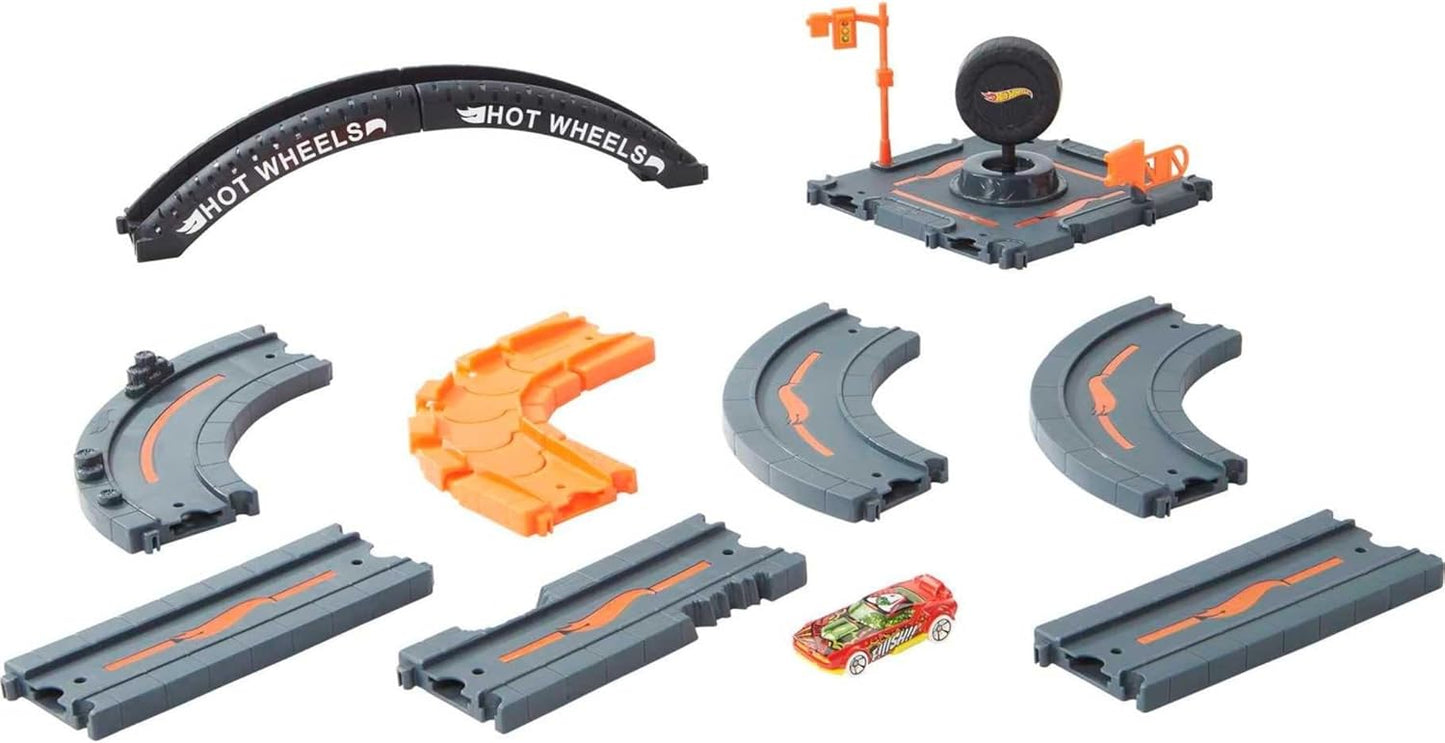 Hot Wheels Toy Car Track Set Pack 10 Track-Building Parts with City Square Bridge & 1:64 Scale Vehicle Connects to Other Tracks – 10