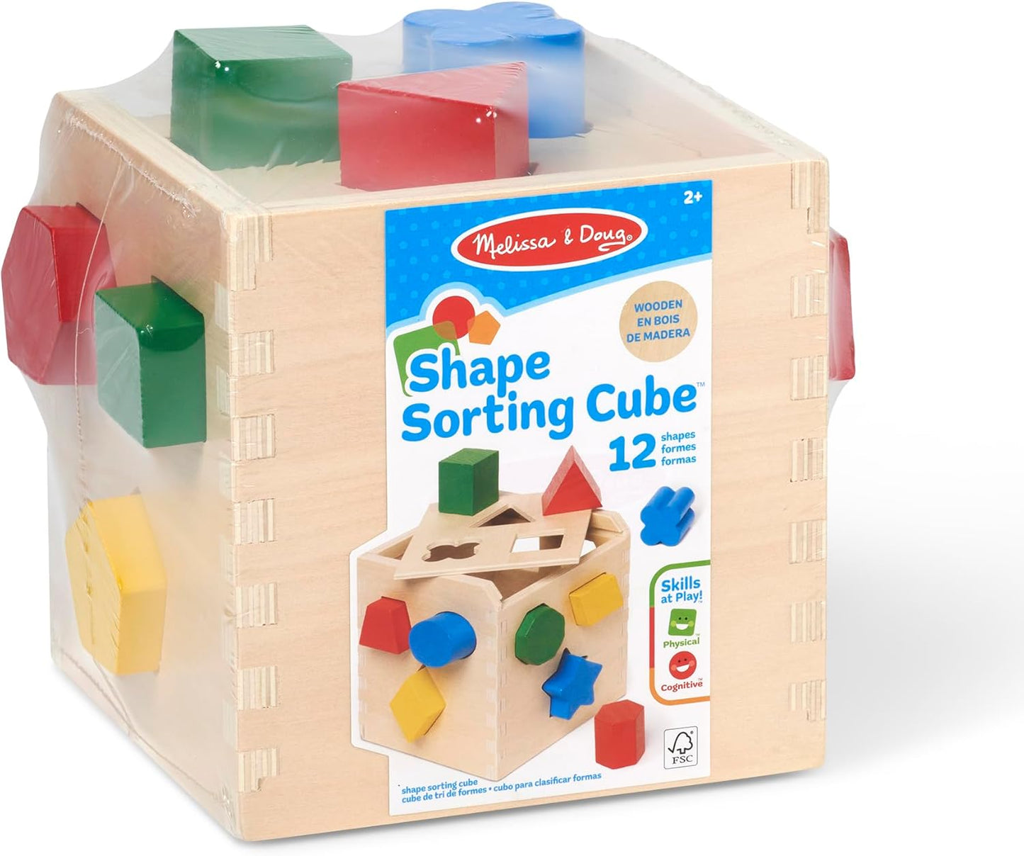 Melissa & Doug Wooden Shape Sorting Cube A" Classic Educational Toy with 12 Shapes – 12