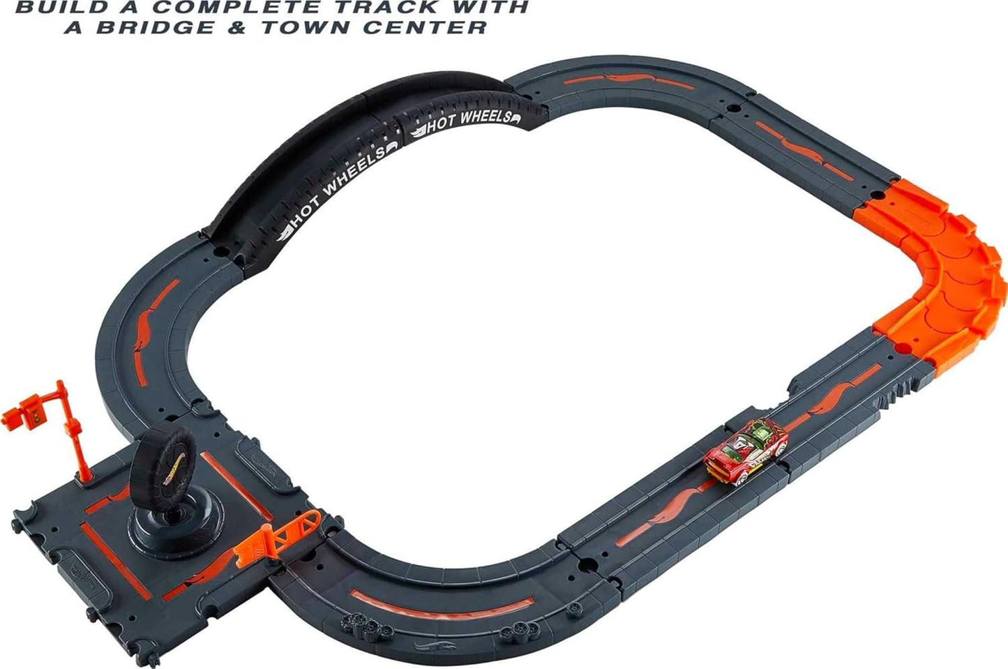 Hot Wheels Toy Car Track Set Pack 10 Track-Building Parts with City Square Bridge & 1:64 Scale Vehicle Connects to Other Tracks – 10
