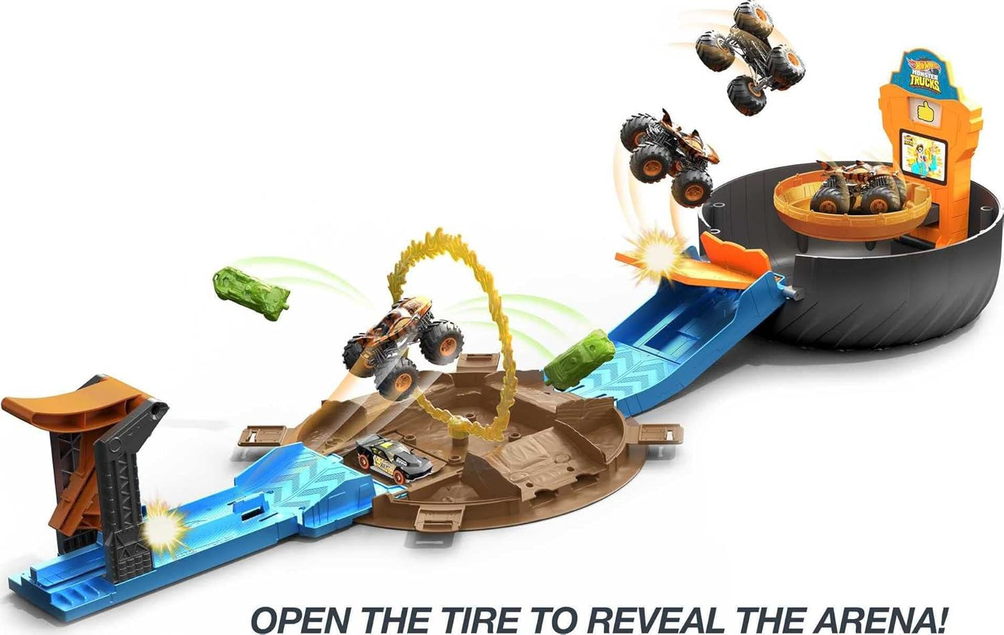 Hot Wheels Toy Monster Trucks Playset Tire-Shaped Case Transforms into Race Course 3 Trucks & 4 Cars in 1:64 Scale Stunt Tire (Amazon Exclusive) – 3