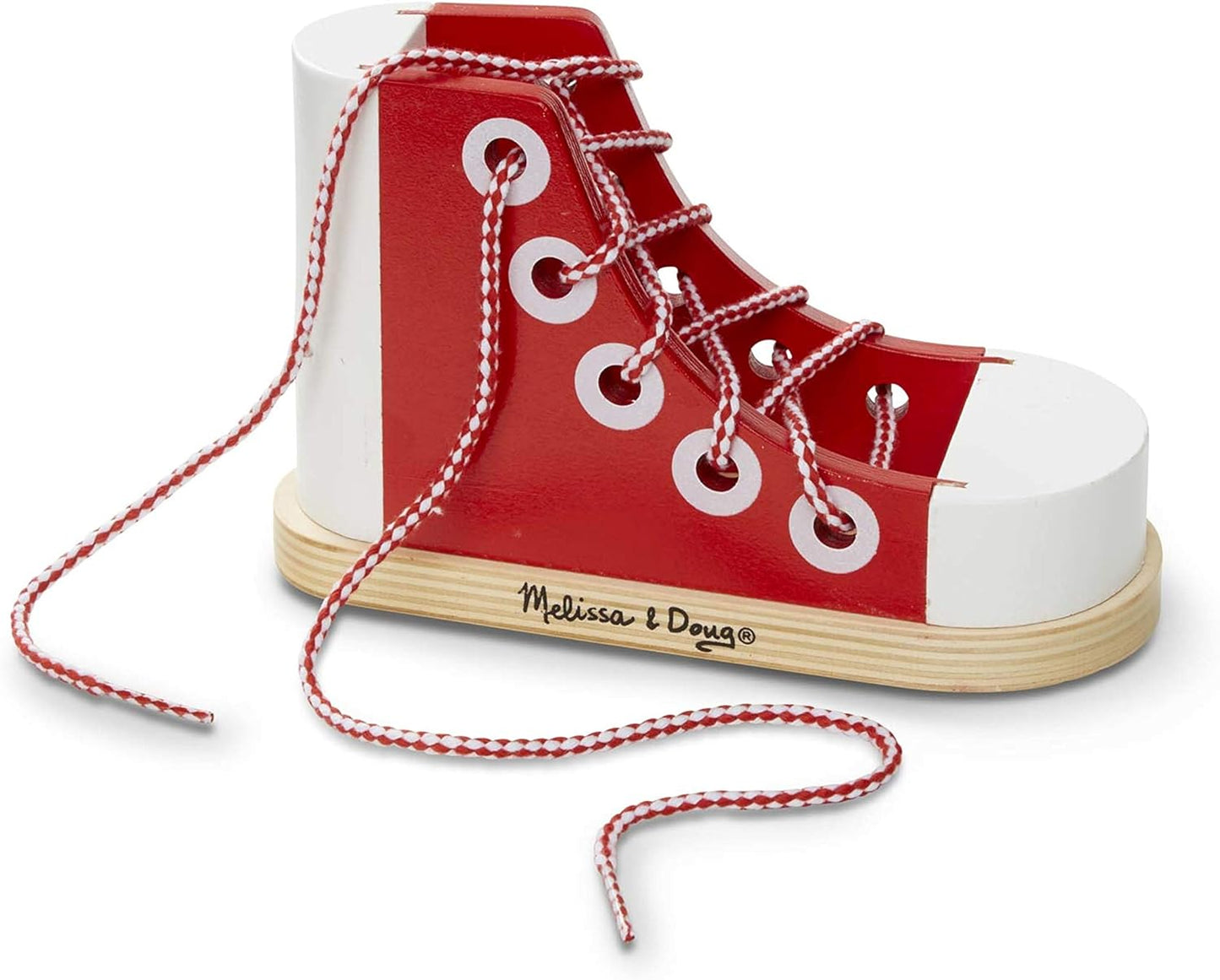 Melissa & Doug Deluxe Wood Lacing Sneaker A" Educational Red Shoe Tying Toy