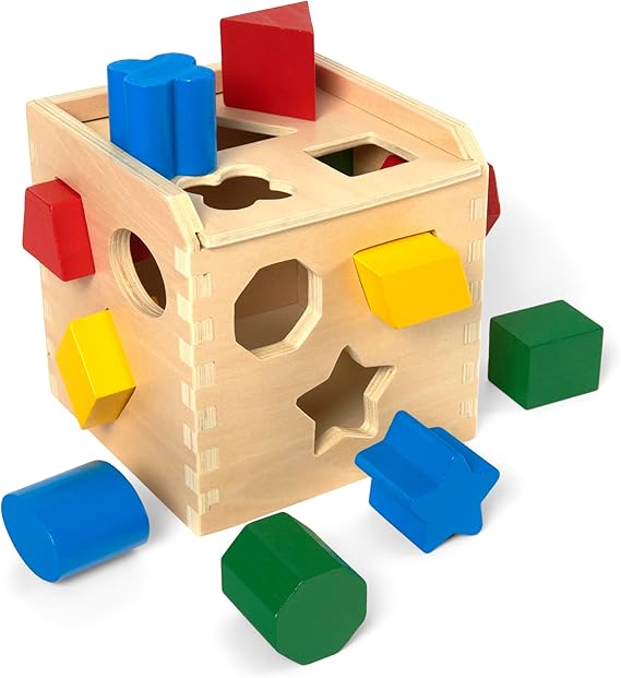 Melissa & Doug Wooden Shape Sorting Cube A" Classic Educational Toy with 12 Shapes – 12