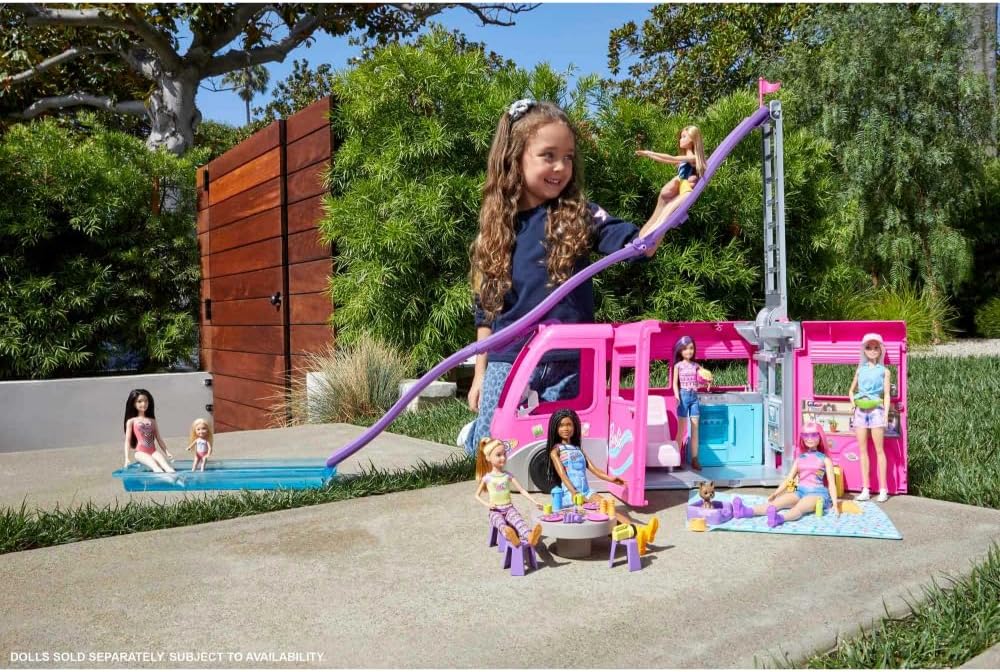 Barbie Camper Playset DreamCamper Toy Vehicle with 60 Doll-Sized Accessories Including Furniture Pool & 30-inch Slide – 60