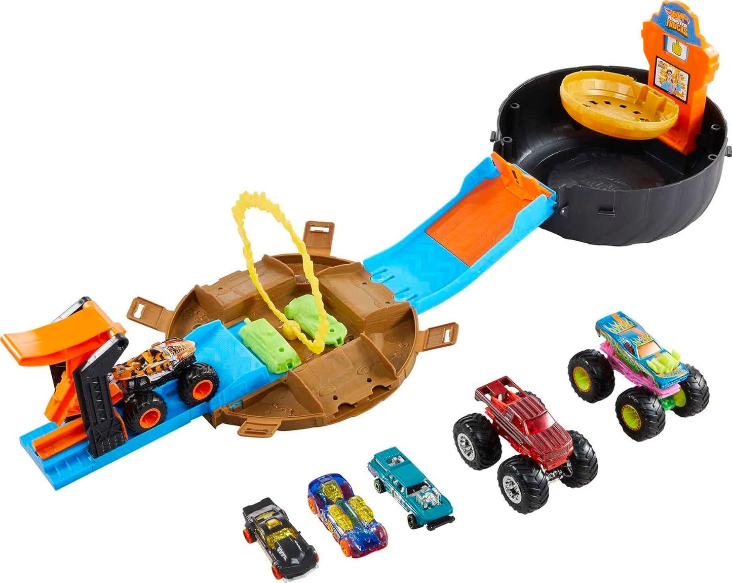 Hot Wheels Toy Monster Trucks Playset Tire-Shaped Case Transforms into Race Course 3 Trucks & 4 Cars in 1:64 Scale Stunt Tire (Amazon Exclusive) – 3
