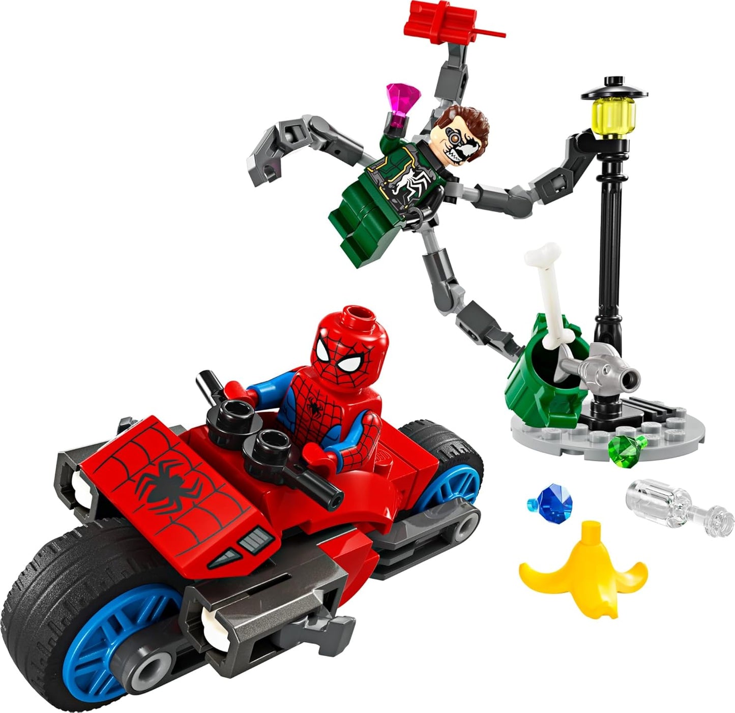 LEGO Marvel Motorcycle Chase Spider-Man vs. Doc Ock Buildable Toy for with Stud Shooters