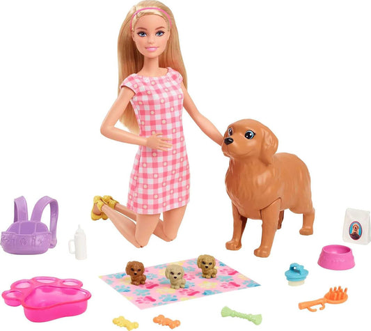 Barbie Doll Pets Set Blonde with Mommy Dog 3 Newborn Puppies with Color-Change Feature Pet