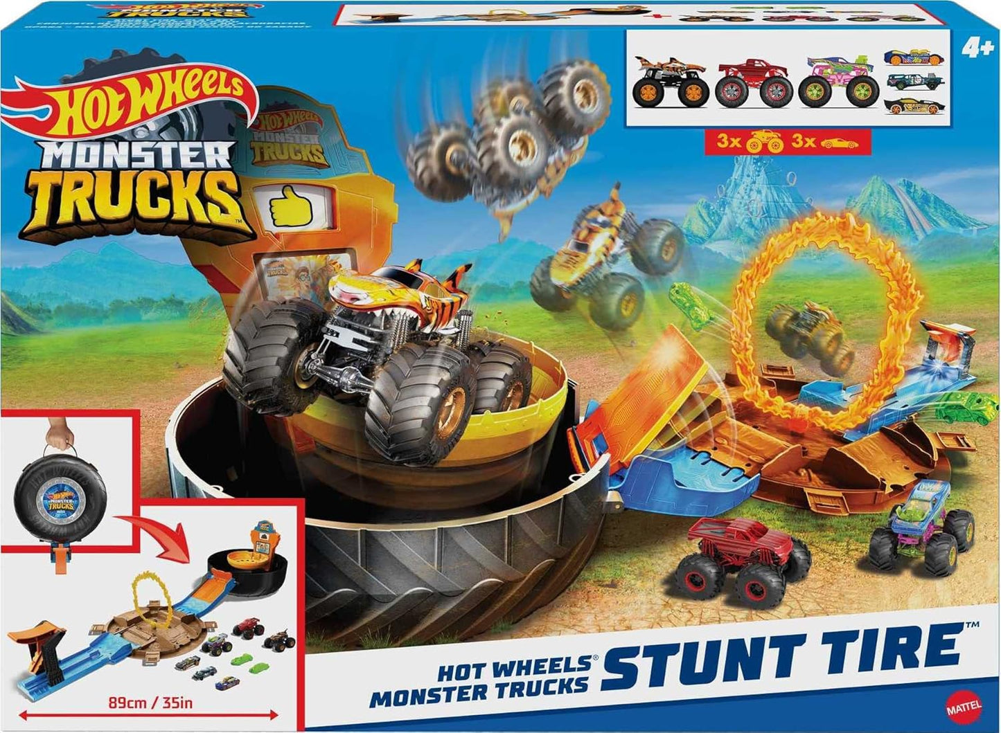 Hot Wheels Toy Monster Trucks Playset Tire-Shaped Case Transforms into Race Course 3 Trucks & 4 Cars in 1:64 Scale Stunt Tire (Amazon Exclusive) – 3