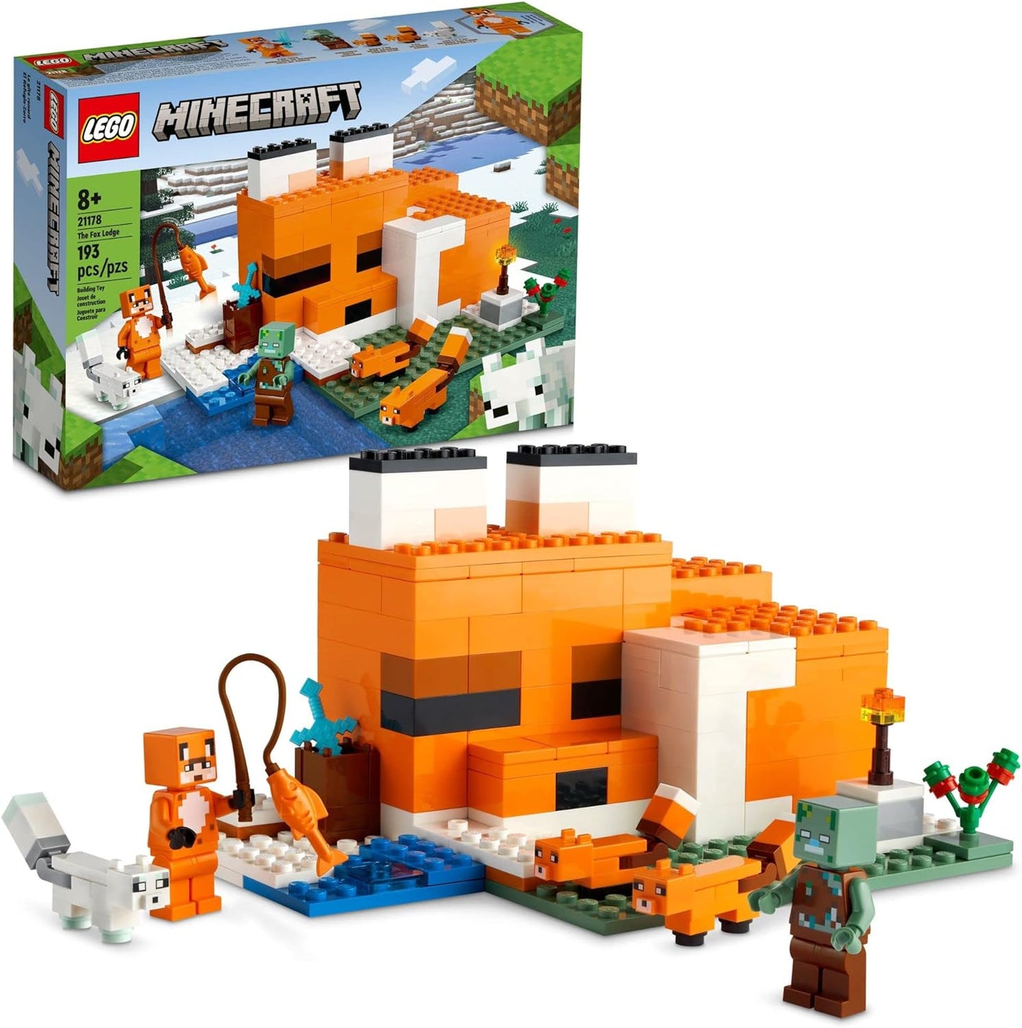 LEGO Minecraft The Fox Lodge House 21178 Animal Toys with Drowned Zombie Figure Birthday Gift for Grandchildren Kids Boys and Girls Ages 8 and Up – 21178
