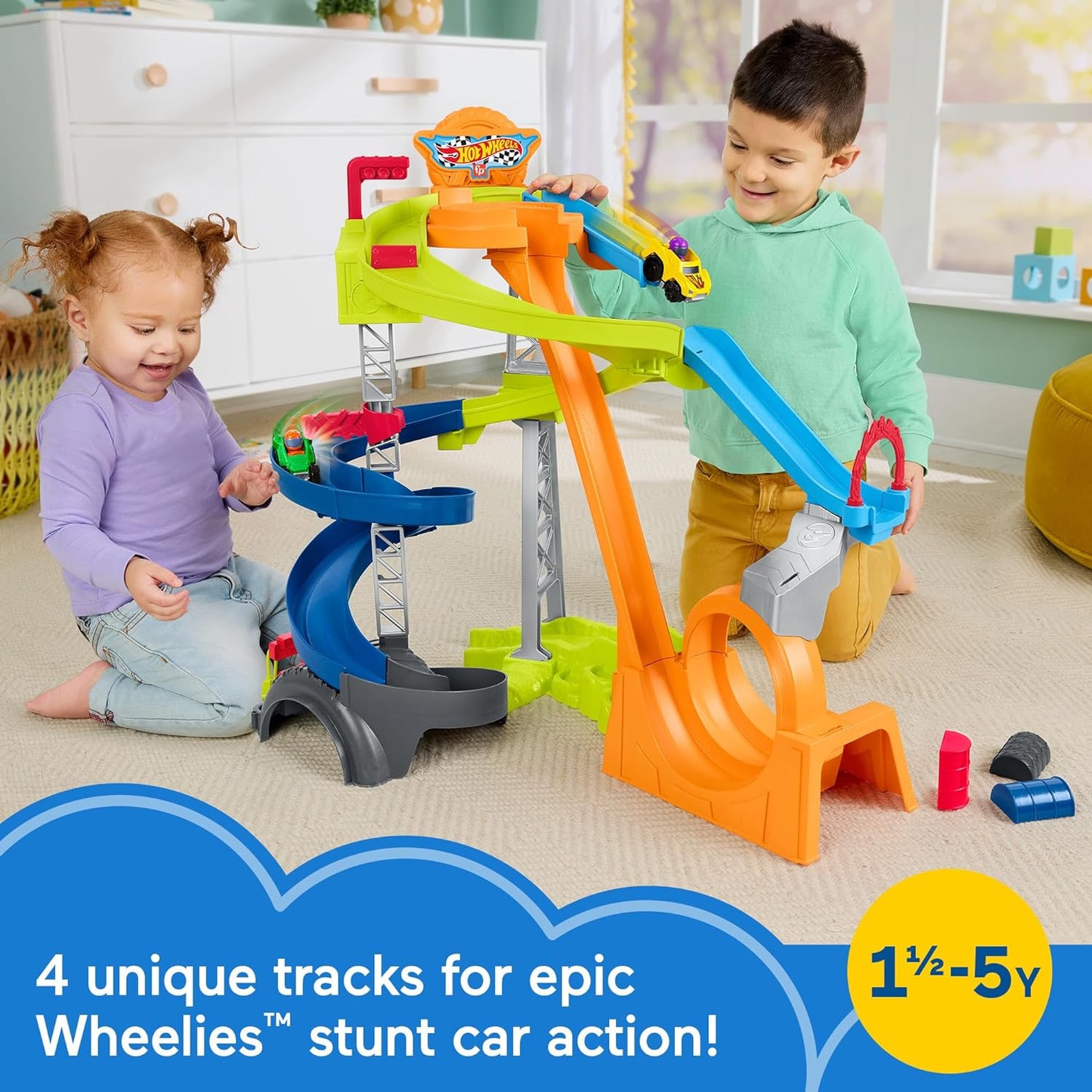 Fisher-Price Little People Toddler Toy Hot Wheels Spiral Stunt Speedway Race Track Playset