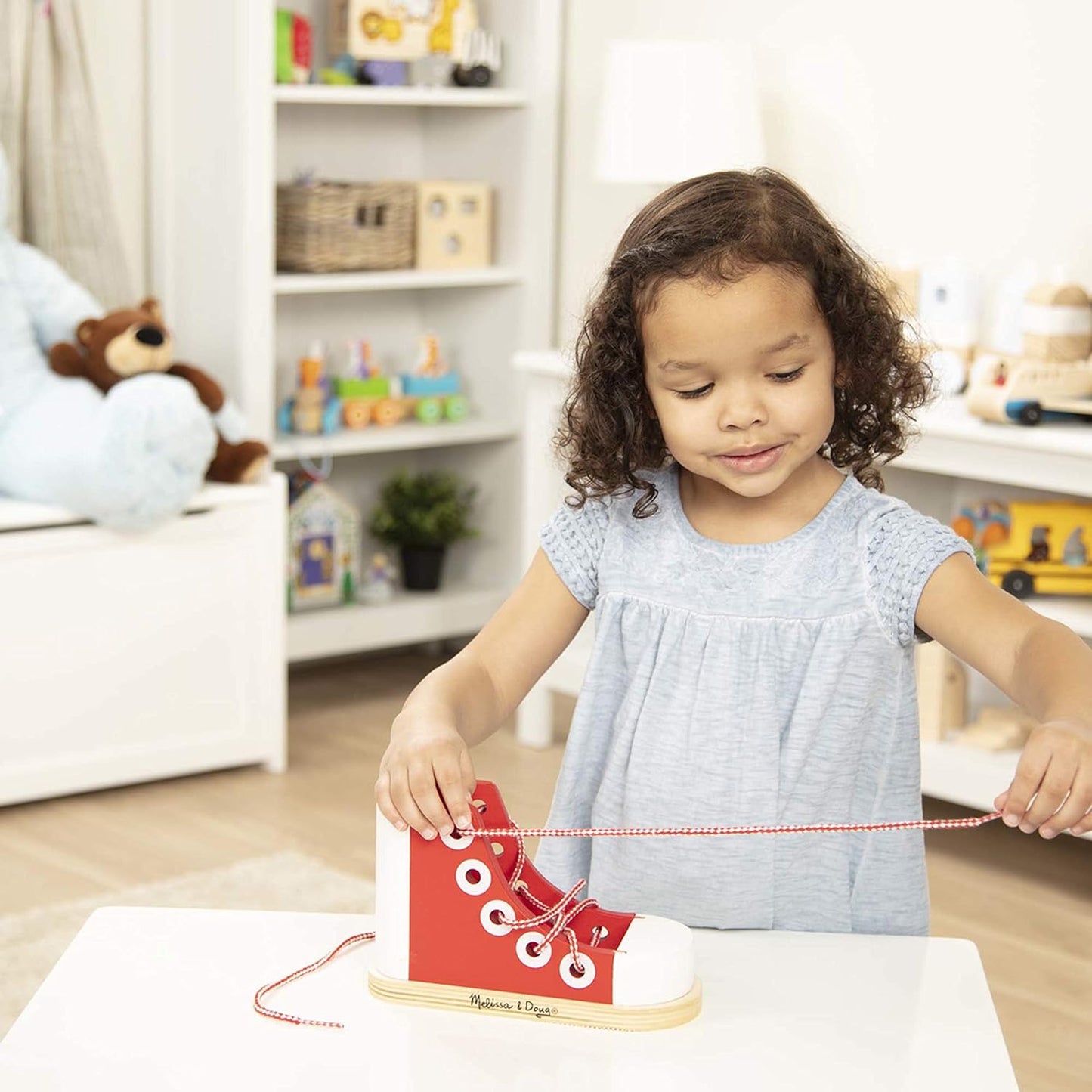 Melissa & Doug Deluxe Wood Lacing Sneaker A" Educational Red Shoe Tying Toy