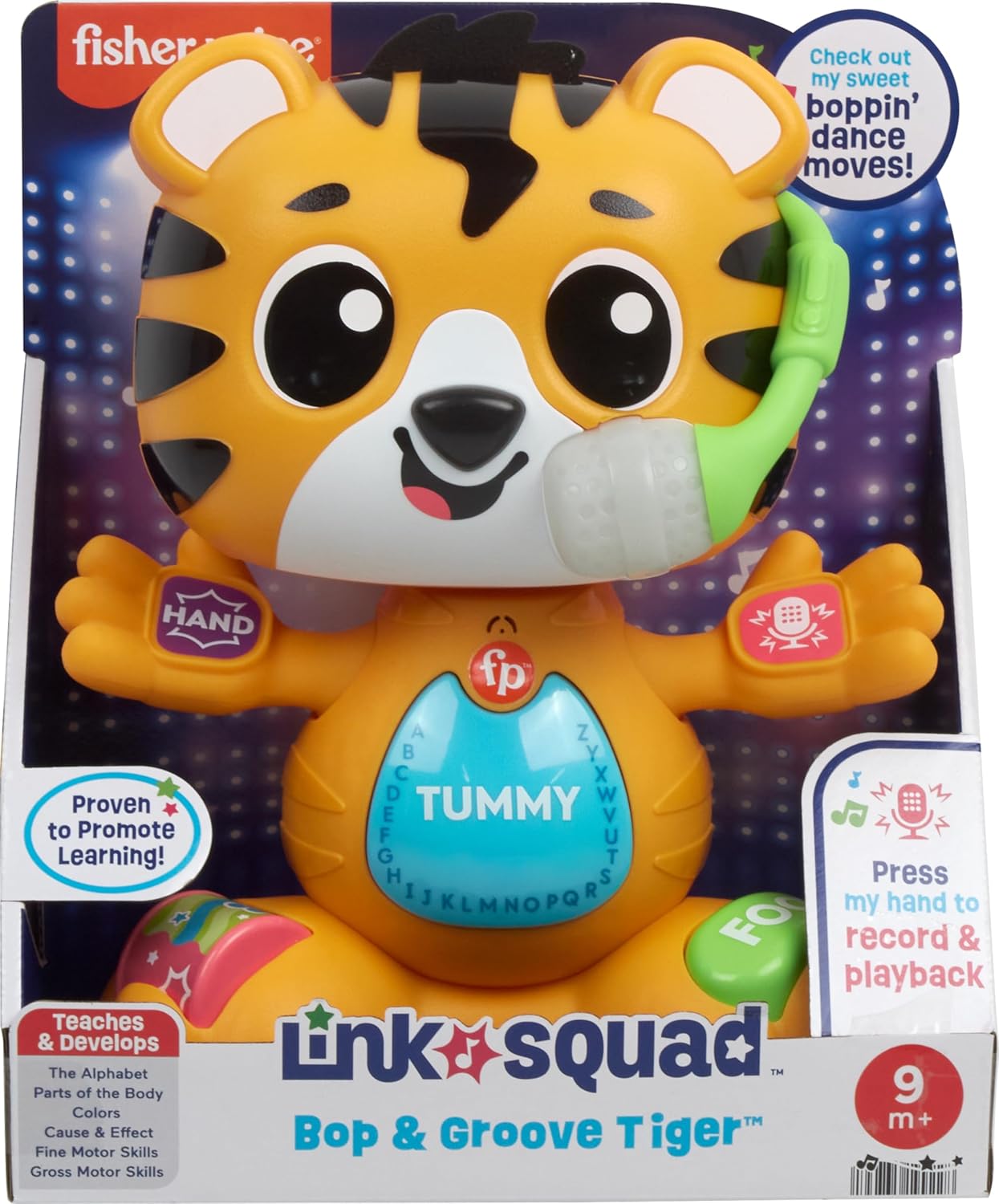 Fisher-Price Baby Learning Toy Link Squad Bop Groove Tiger with Music Lights for Ages 9