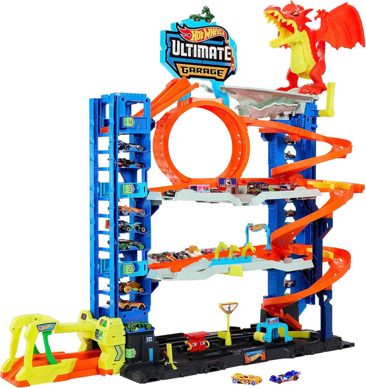Hot Wheels City Ultimate Garage Track Set with 2 Die-Cast Toy Cars Car-Eating Dragon Stores 50 Vehicle