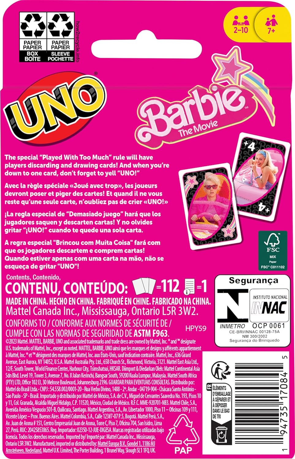 Mattel UNO Barbie The Movie A" Card Game with Movie Characters & Special Rules Fun for 2-10 Players – 2